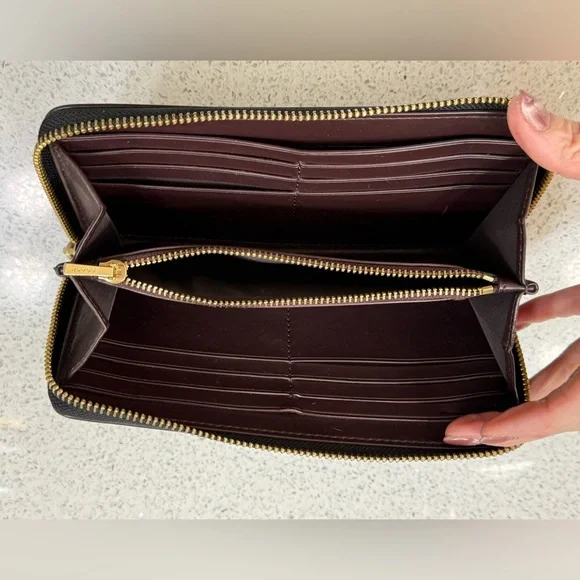 Coach Dark Brown Leather Monogram Gold Hardware Zippered Wallet - Picture 4 of 13